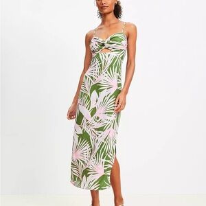 LOFT Green and Pink Leaf Print Dress